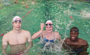 Ziggy Franchi Webster, Maisie Jameson and Joao Matias of Ealing Swim Club training at the pool at Gurnell