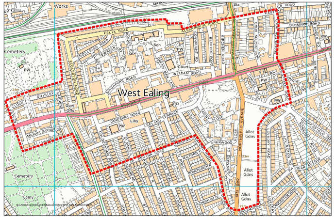 Map of West Ealing showing the PSPO area, as per the consultation. Contains OS data © Crown copyright and database right 2016