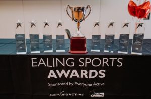 Ealing Sports Awards trophies on a table