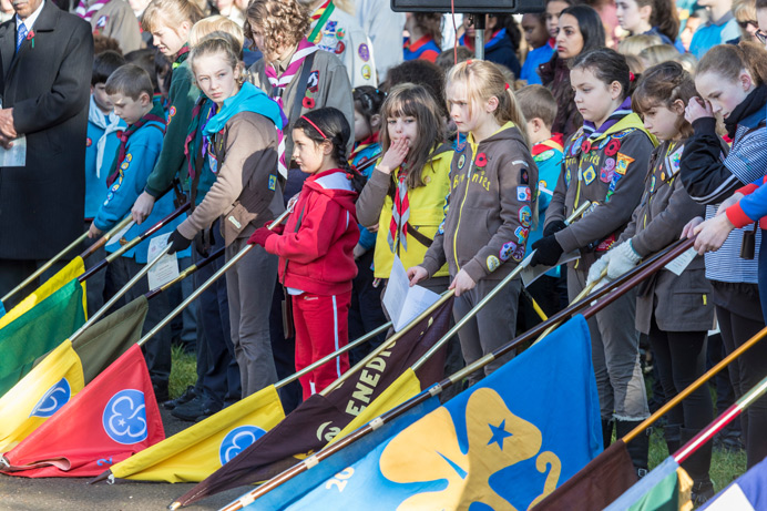 Young flag bearers at Ealing War Memorial service on Remembrance Sunday 2016