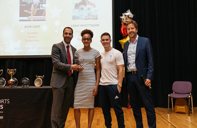 Junior Sports Person of the Year, Leah Whittaker with Councillor Mahfouz (left), Brinn Bevan and Marcus Buckland (right)