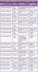 High school open days and evenings 2018