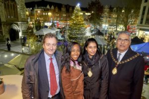Julian Bell, Angellica Bell and Tejinder Dhami at Christmas lights switch on in Dickens Yard, Ealing