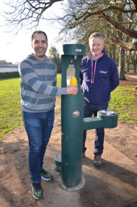 Councillor Mahfouz with Kelvin Walker of EHM Legacy with the new fountain in Lammas Park