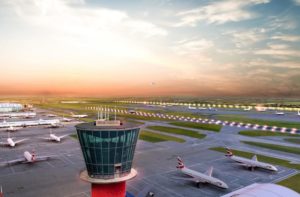 Airport: View of control tower and planes