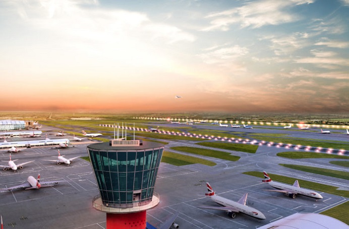 Airport: View of control tower and planes