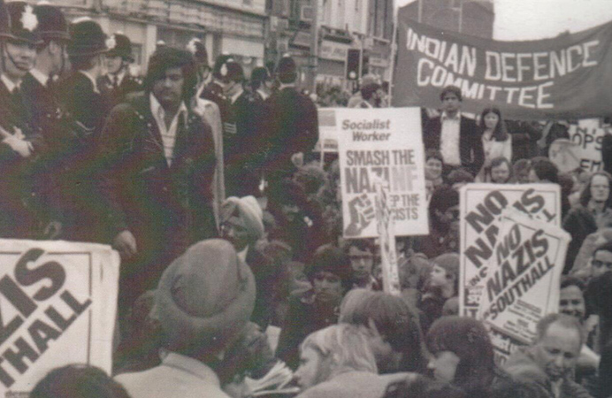 Peaceful protest outside Southall Police Station in 1979 the day before Southall riots took place
