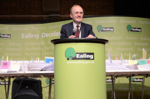Ealing Council's chief executive Paul Najsarek announcing the results for Ealing
