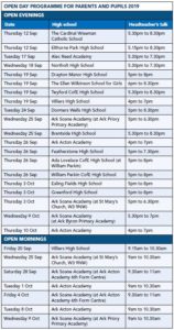 List of high school open evenings/mornings 2019