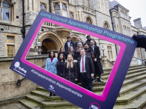 Council leader Julian Bell and the mayor of Ealing Councillor Gulaid with council apprentices