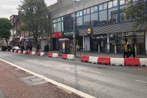 Temporary pavement widening outside Lidl, West Ealing