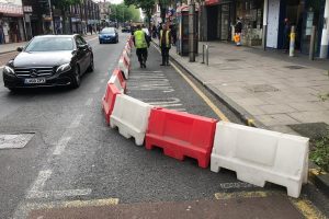 Temporary pavement widening outside Lidl