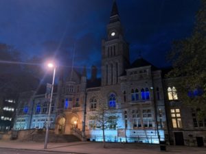 Ealing Town Hall lit up blue