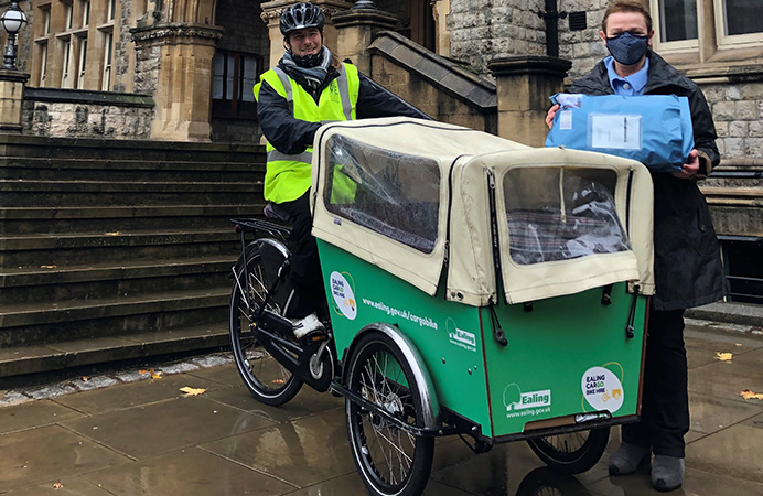 Cargo bike courier John Hernandez (from Cycling Instructor) and Helen Burton from local business Juniper