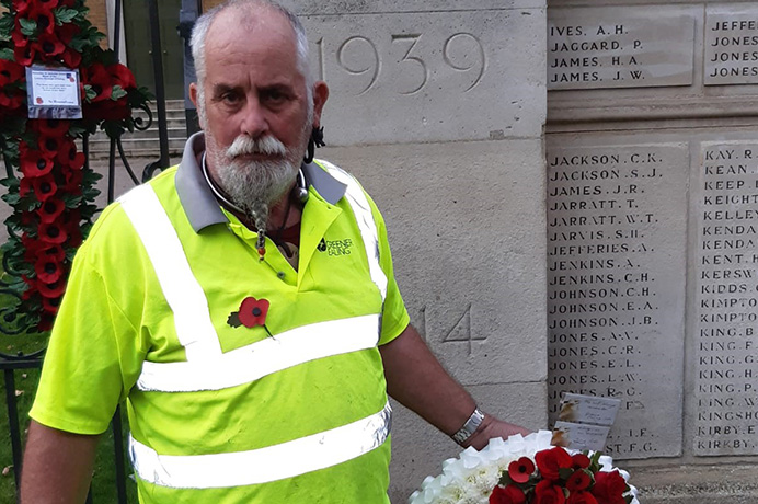 Allen Ruane from the GEL grounds maintenance team, laying the wreath at Ealing War Memorial for Remembrance