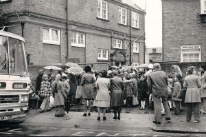 A protest outside a Southall school against bussing in - taken around 1970