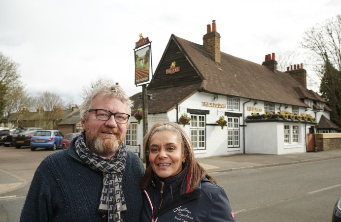 Derek and Ushma outside the Plough