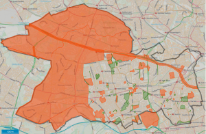 Map showing areas where e-scooter travel is not permitted in orange