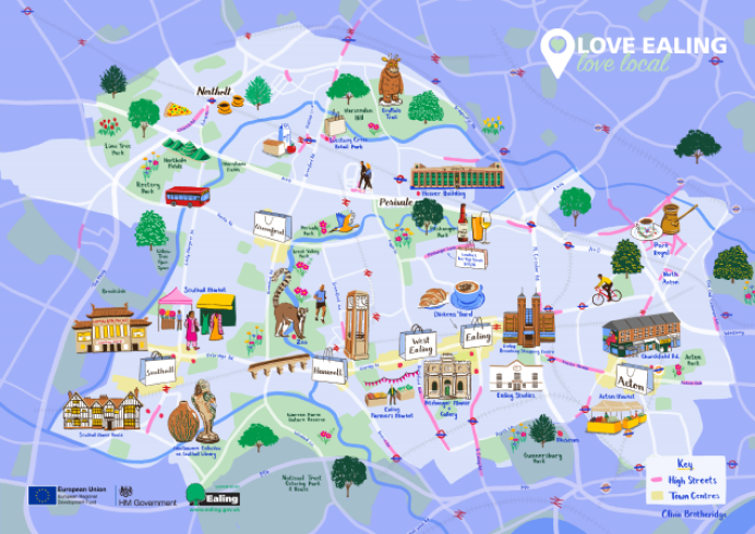 Illustrative Map of Ealing highlighting the town centres and high streets