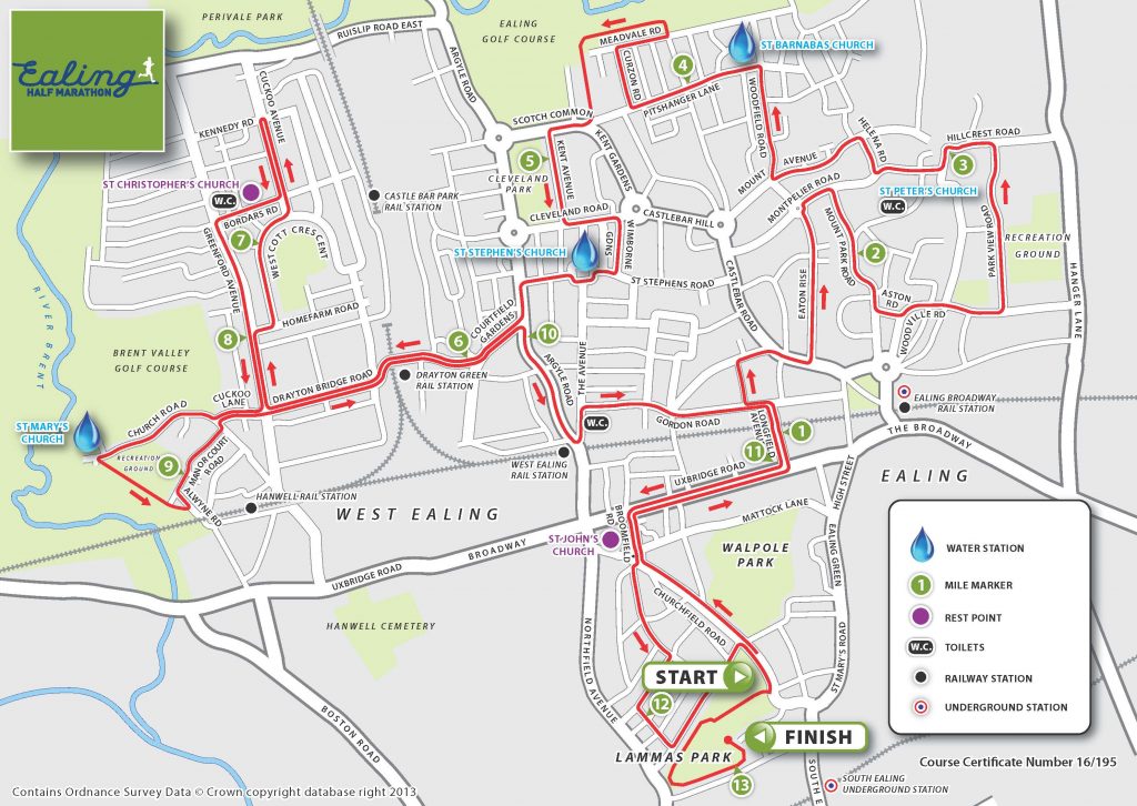 Map of Ealing detailing the route of Ealing Half Marathon 2021