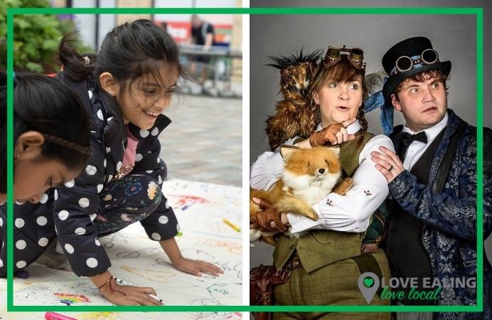 child drawing and woman and man in costume