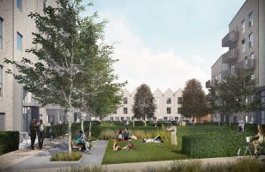 People walking, sitting, riding bikes and enjoying the outdoor space in the middle of three housing blocks