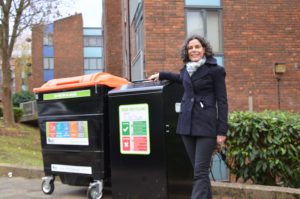 Councillor Deirdre Costigan at the new communal food waste bin at the Copley Close estate