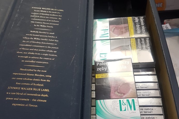 Cigarettes found hidden in a case of Johnny Walker Blue Label