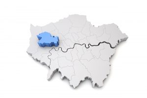 Map of London boroughs, with Ealing highlighted in blue