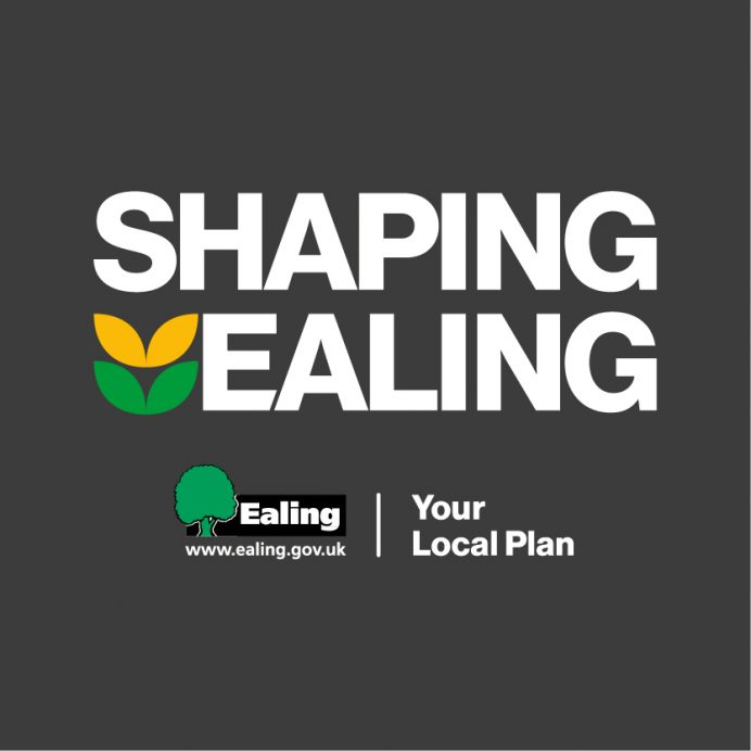 Black background with white writing saying Shaping Ealing