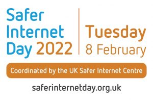 White background with text in blue reading Safer Internet Day and brown text reading 2022 Tuesday 8 February