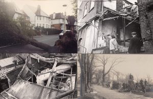 Images of damage to buildings and trees caused by storms