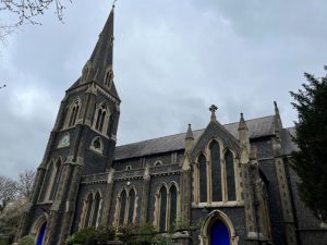 Church with spire pointing into the sky