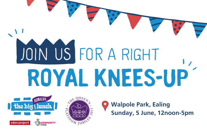 Join Us for a Right Royal Knees-Up, Big Jubilee Lunch 5 June 12noon to 5pm. image of blue and red bunting and crown