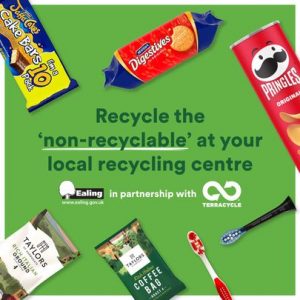 Cartoon graphic showing what can be recycled as part of the trial including toothbrushes and snack wrappers