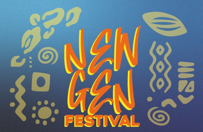New Gen Festival in red and yellow with green shapes on blue background
