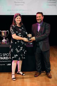 Jenny Dawuda, Adult volunteer of the year award, presented by Dave Sargent, director of Sport for the Twyford Trust