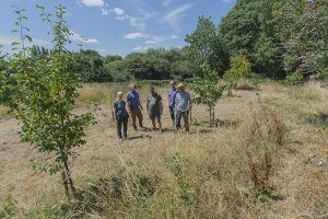 Group of people standing in a grassy enclave at the Piggeries