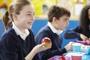 Schoolchildren Sitting At Table Eating Packed Lunch