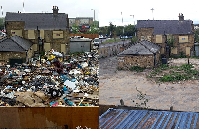 A view of a derelict pub grounds - one with rubbish and one clear of rubbish