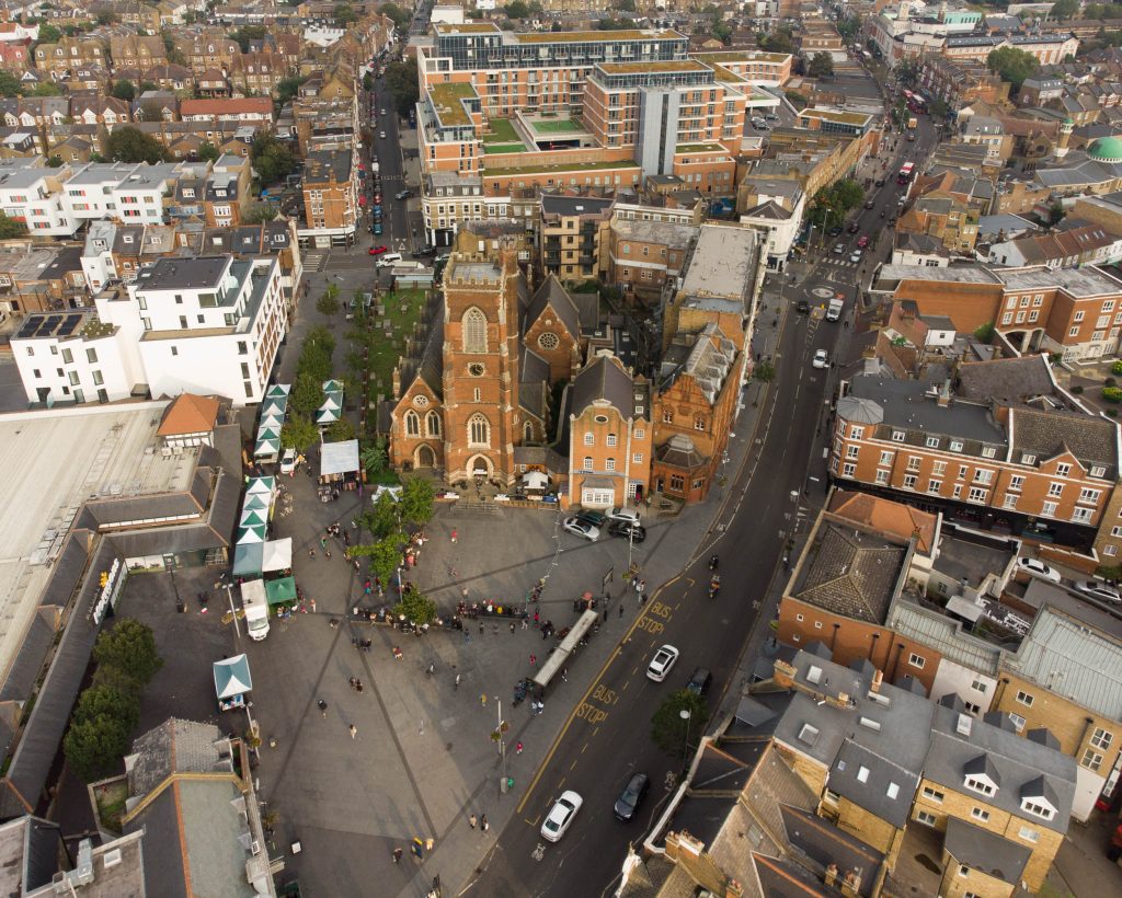 An aerial view of Acton town square
