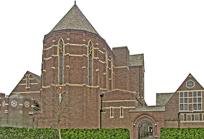 Exterior of a church, viewed from the roadside