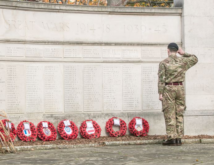 soldier salute at wreath laying at war memorial