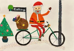 Child's drawing of Santa on a cycle with a sack of presents and a Christmas tree