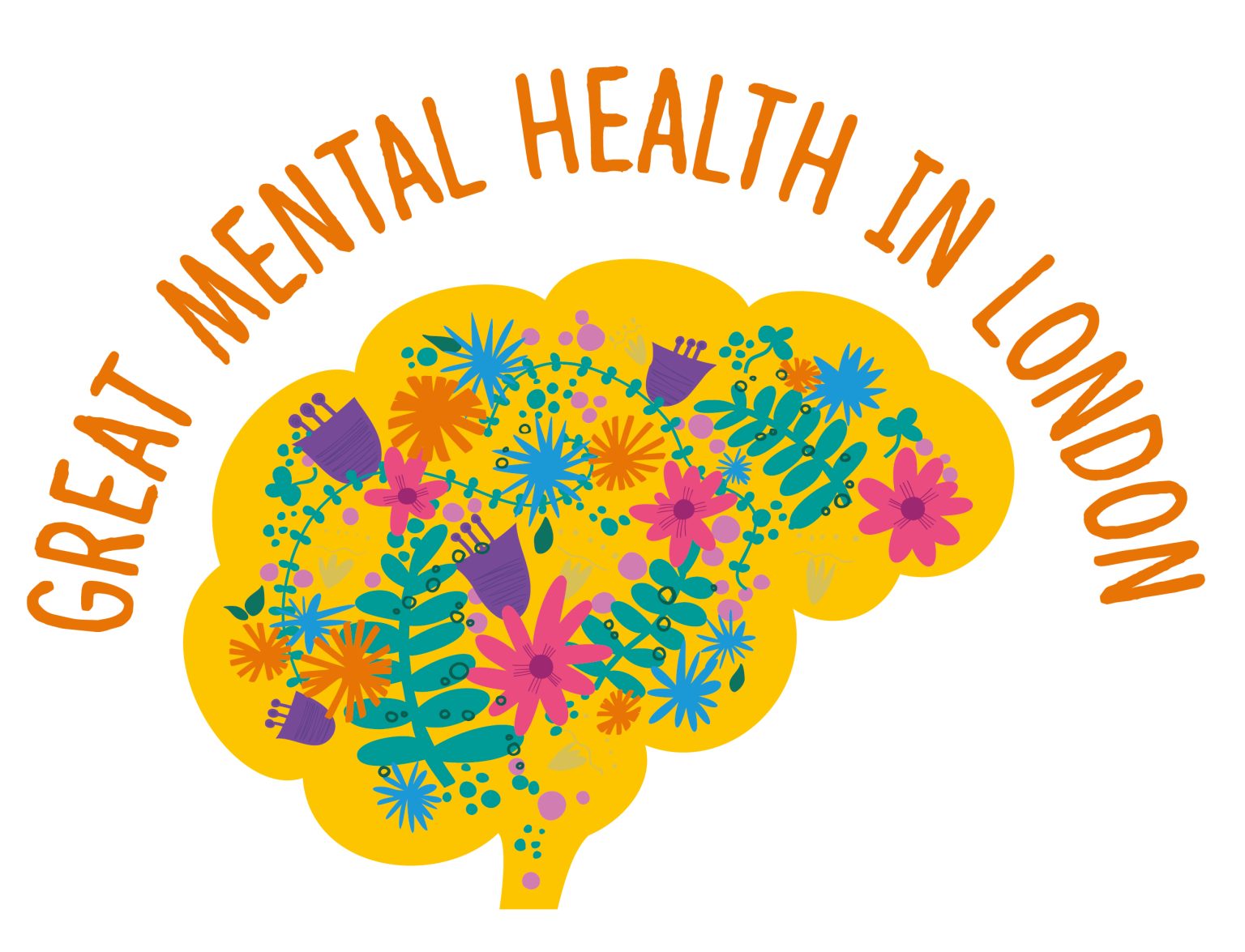A graphic of a floral brain with the words Great Mental Health in London written across the top.