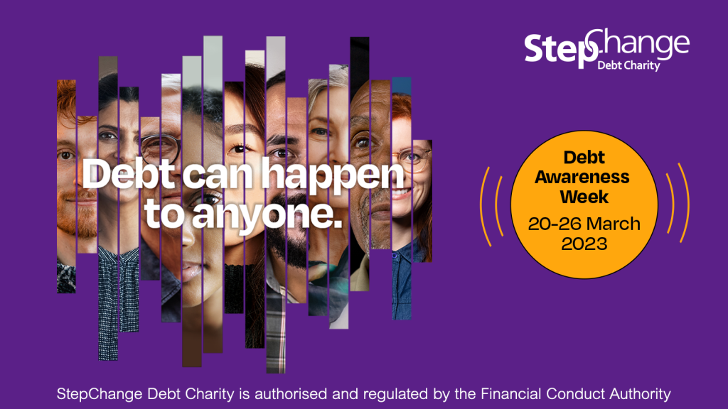 Step Change charity slogan, 'It can happen to anyone' with an image representing different people in the background.