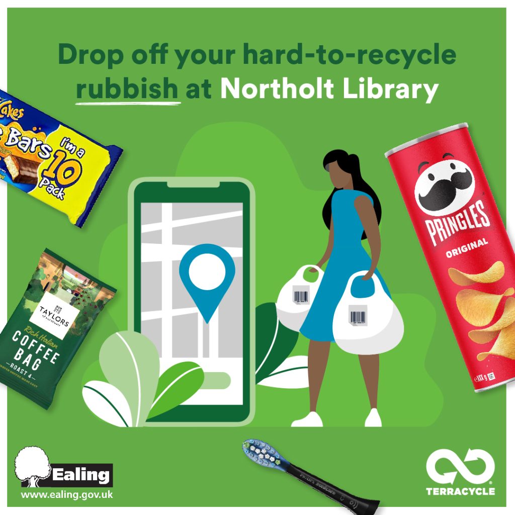 Text reads 'Drop off your hard-to-recycle rubbish at Northolt Library'. Images of snack wrapper, coffee packaging, smartphone, lady carrying two plastic bags with barcode labels, Pringles tube.