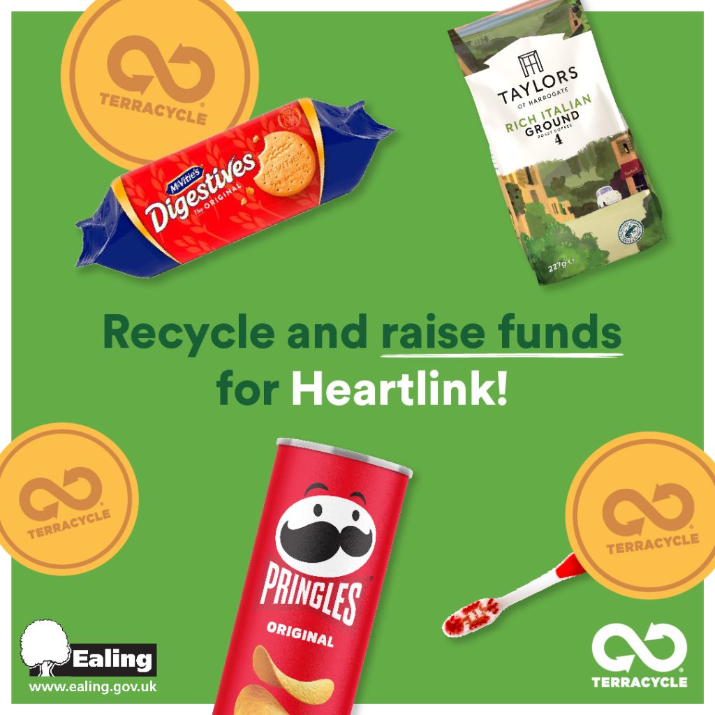 Text reads 'Recycle and raise funds for Heartlink!'. Images of biscuit wrapper, coffee packaging, toothbrush, Pringles tube.