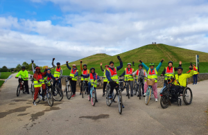 A group of people on bikes in front of Northala Fields