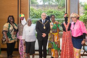 Mayor Hitesh Tailor with Mas Costume design from Bambola Creations and Windrush 19